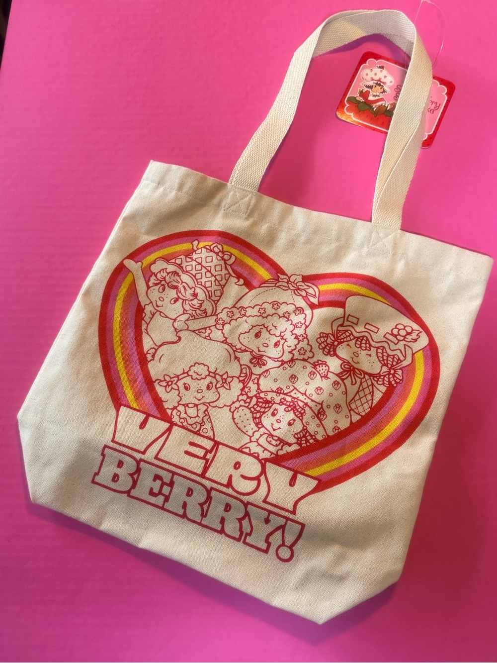 Very Berry! Cream Canvas Tote Bag with Pink & Yellow Heart Graphic